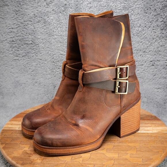 Korks Meehan Mid Shaft Brown Leather Distressed Block Heel Buckle Zip 9 M - Picture 3 of 8